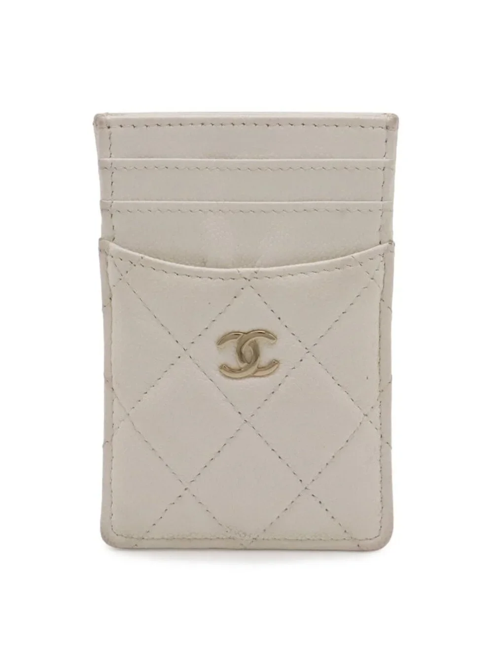 Chanel Quilted CC Logo Card Case Business Holder Caviar Leather Ivory White Gold